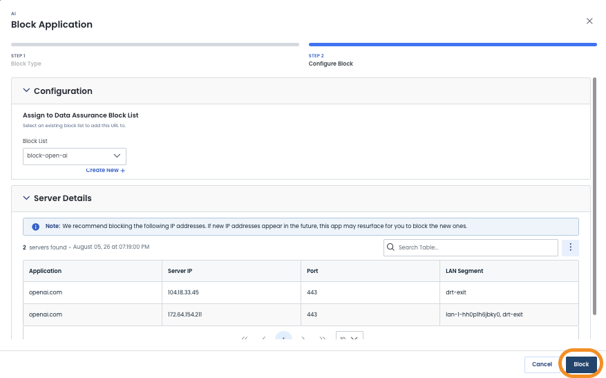 Configuration screen for blocking applications with server details and action buttons displayed.